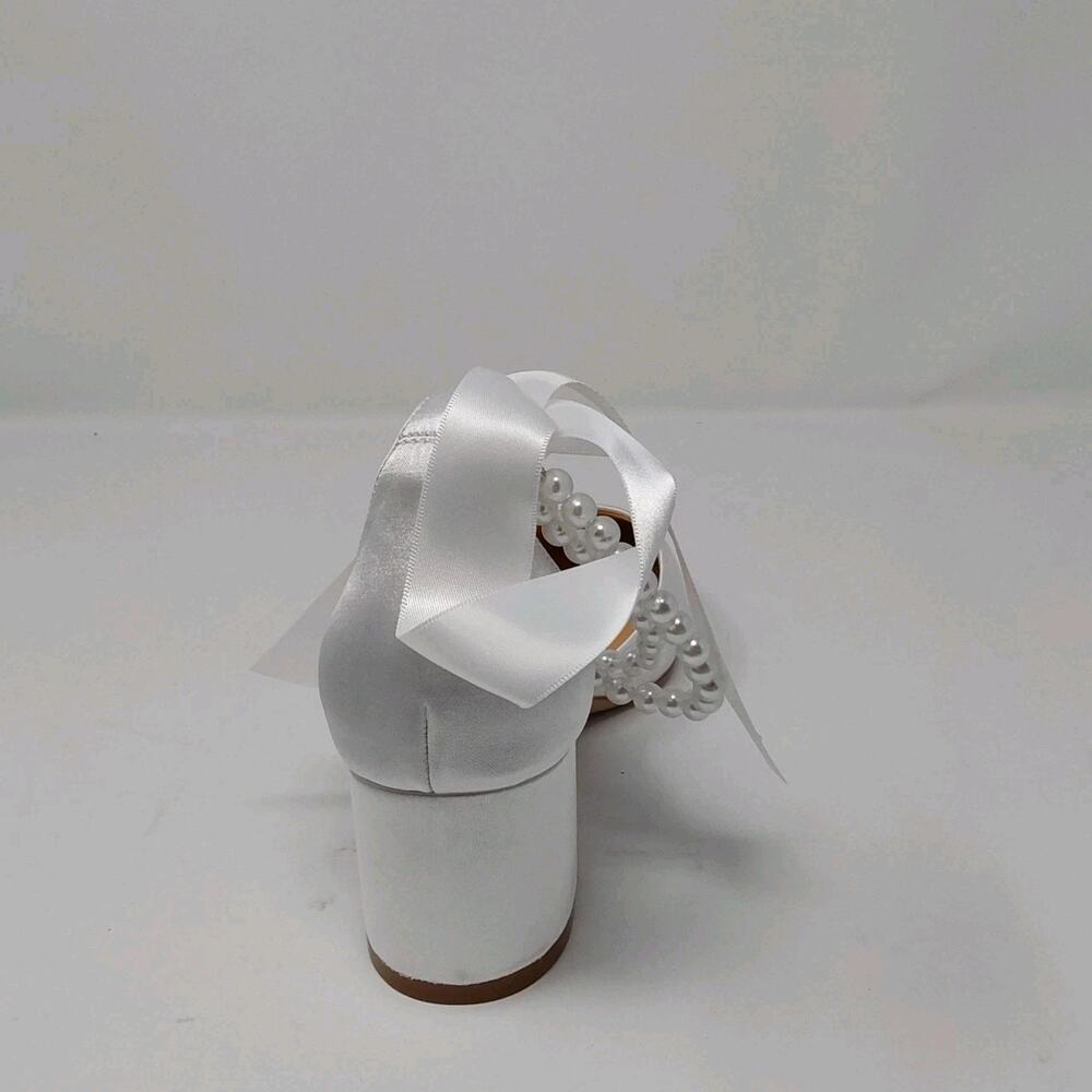 White Satin Bridal Pearl Ankle Strap Block Heel Wedding Pumps Women’s Size 8.5 - Picture 8 of 15